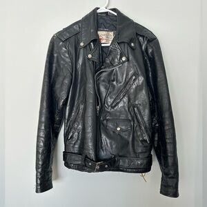 VINTAGE 70s Sears The Leather Shop Black Belted Biker Jacket Leather, 44 Tall